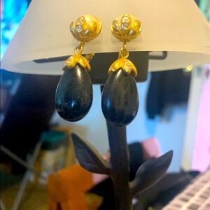 Gold and Pearl black drop Clipped earrings